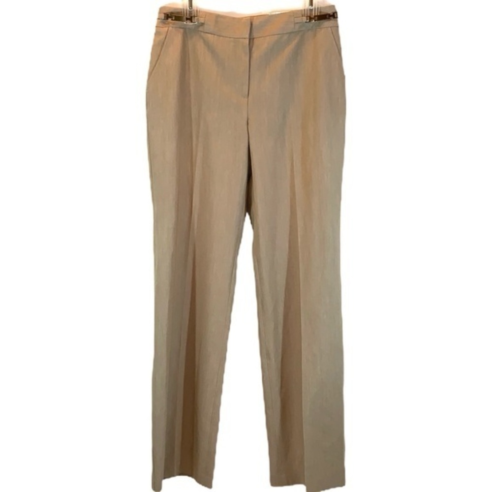 CATO size 8 tan straight leg mid-rise 4 pocket pants w bronze accents at waist